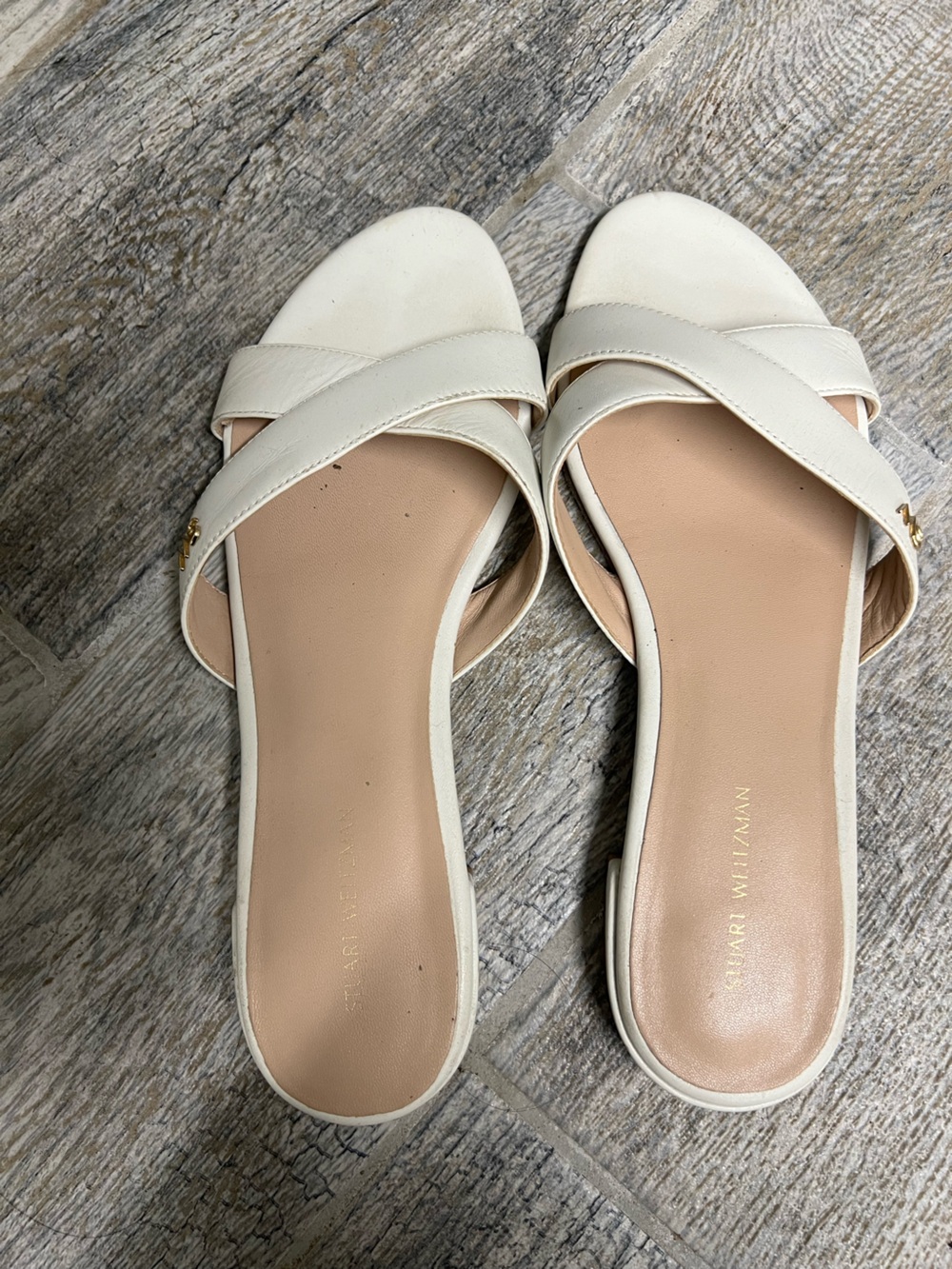 Stuart Weitzman Cream Leather Cross-Strap Mules